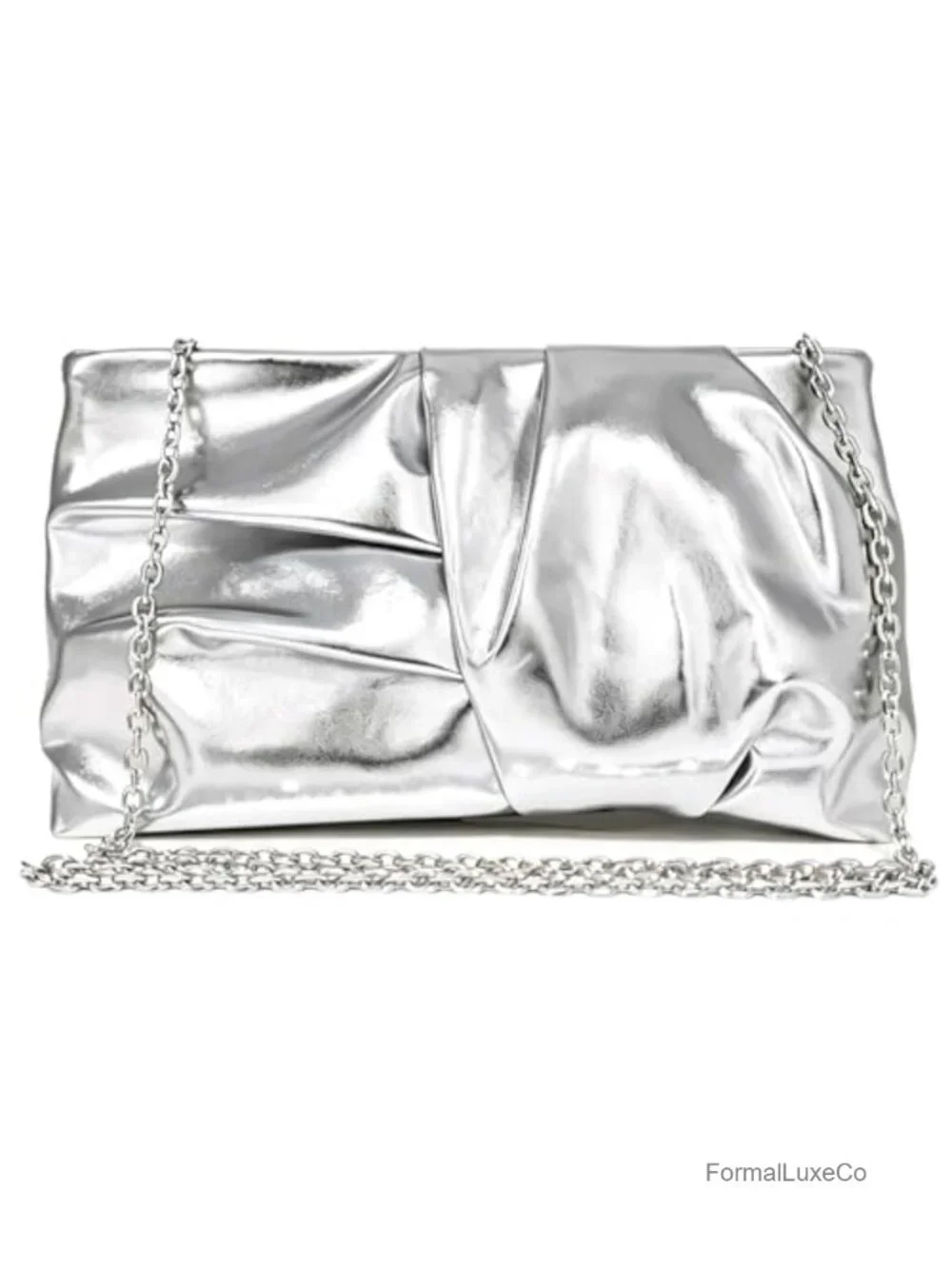 Ruched PU Leather Pleated Clutch with Gold Chain Strap
